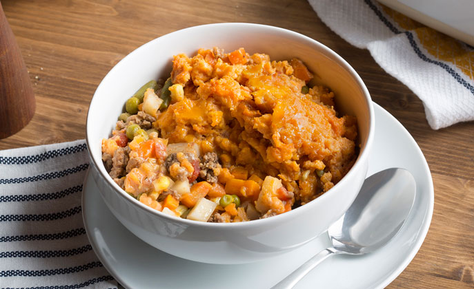 Sweet potatoes add a colorful twist to shepherd’s pie full of veggies and your choice of ground beef or leftover roasted turkey or chicken.