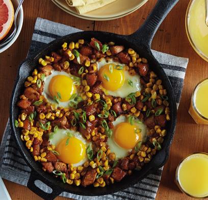 Enjoy a relaxing brunch after the holidays with a simple one skillet meal, and boost your leftover turkey with corn, sweet potatoes and eggs.